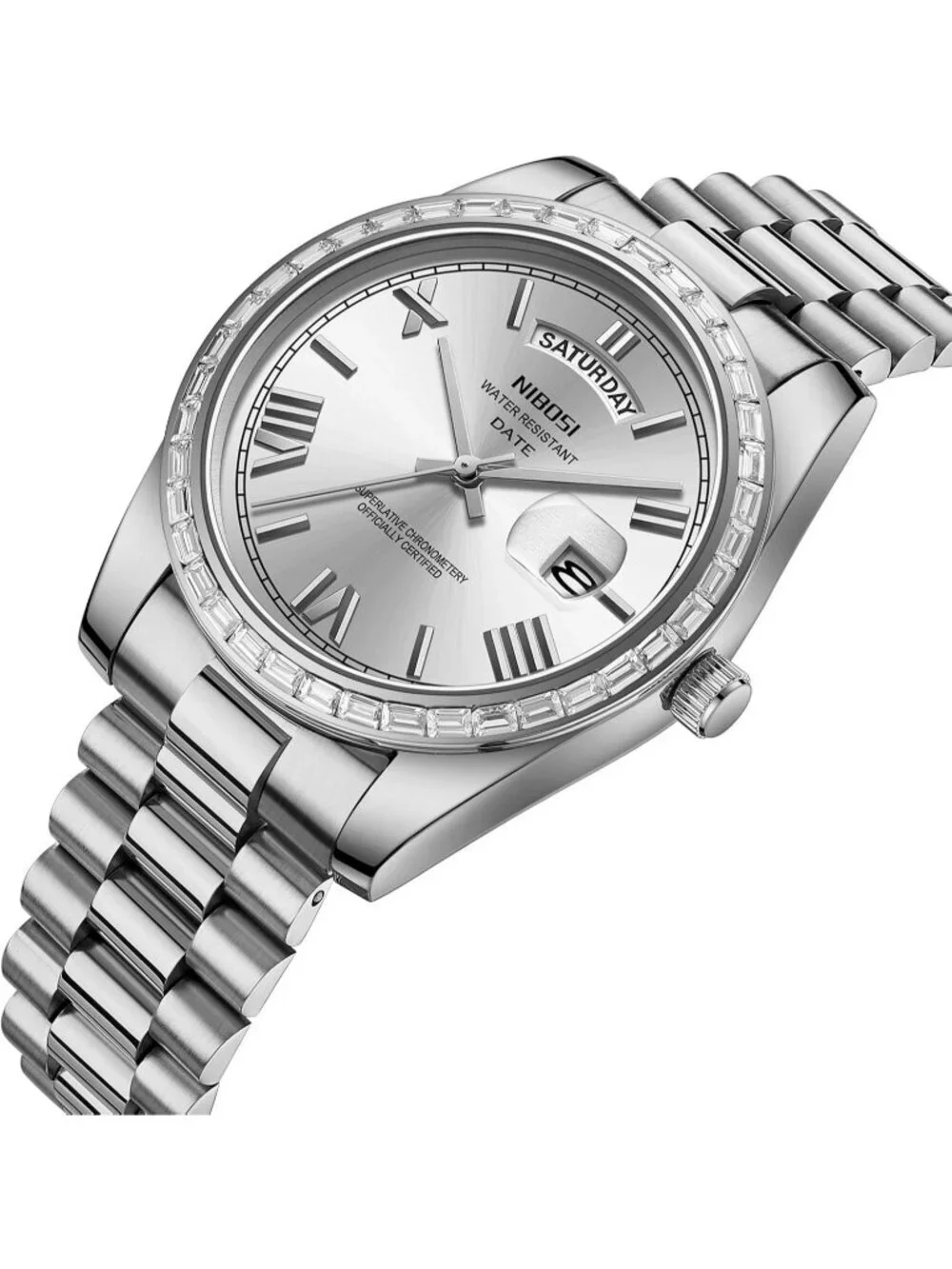 Nibosi Men's Silver Analog Quartz Diamond Bezel Stainless Steel Waterproof Watch